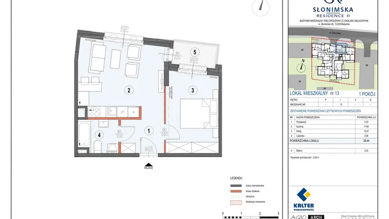 Rzut - Mieszkanie na sprzedaż 2 pokoje o powierzchni 38,44 m² - numer M13 w Słonimska Residence II