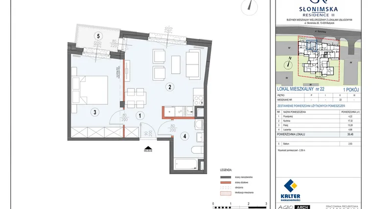 Rzut - Mieszkanie na sprzedaż 2 pokoje o powierzchni 39,48 m² - numer M22 w Słonimska Residence II