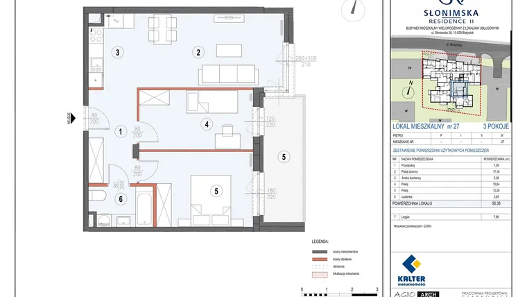 Rzut - Mieszkanie na sprzedaż 3 pokoje o powierzchni 56,38 m² - numer M27 w Słonimska Residence II