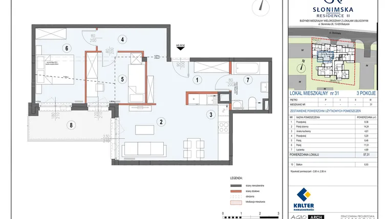 Rzut - Mieszkanie na sprzedaż 3 pokoje o powierzchni 57,31 m² - numer M31 w Słonimska Residence II