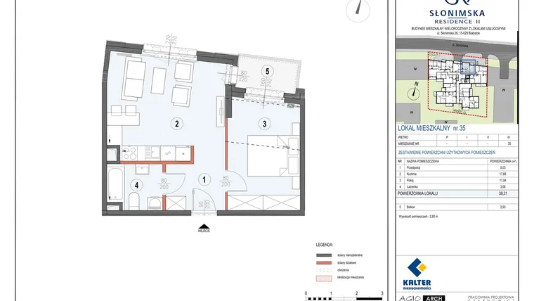 Rzut - Mieszkanie na sprzedaż 2 pokoje o powierzchni 38,31 m² - numer M35 w Słonimska Residence II