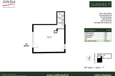 Rzut - Lokal użytkowy na sprzedaż 1 pokój o powierzchni 59,74 m² - numer LU1 w Szaflarska 9