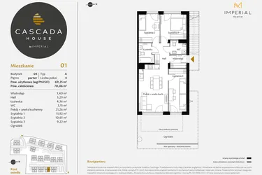 Rzut - Mieszkanie na sprzedaż 4 pokoje o powierzchni 69,49 m² - numer 3.1 w CASCADA House
