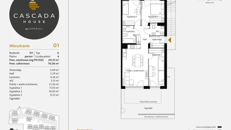 Rzut - Mieszkanie na sprzedaż 4 pokoje o powierzchni 69,49 m² - numer 3.1 w CASCADA House