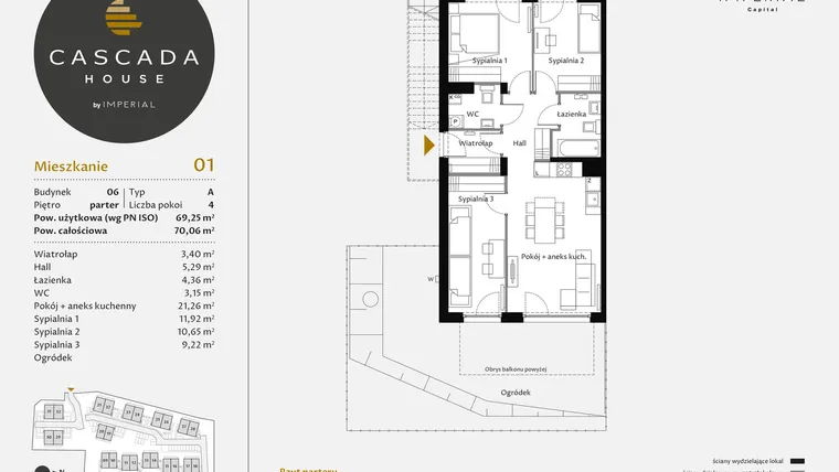 Rzut - Mieszkanie na sprzedaż 4 pokoje o powierzchni 69,49 m² - numer 6.1 w CASCADA House