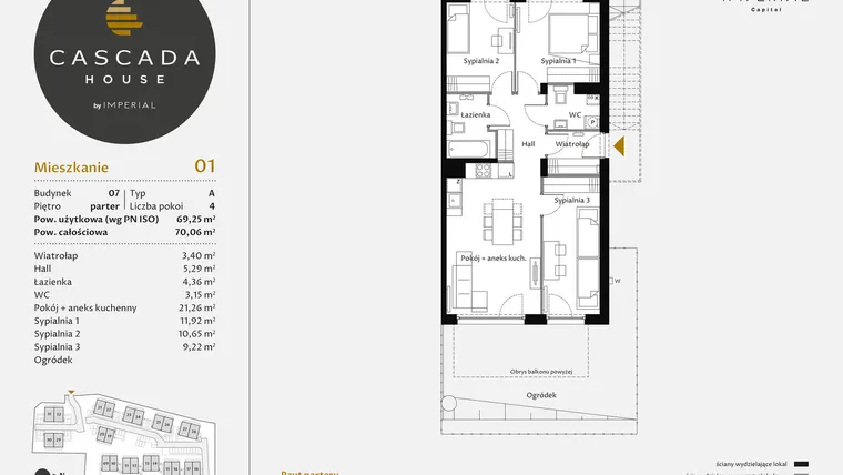 Rzut - Mieszkanie na sprzedaż 4 pokoje o powierzchni 69,49 m² - numer 7.1 w CASCADA House