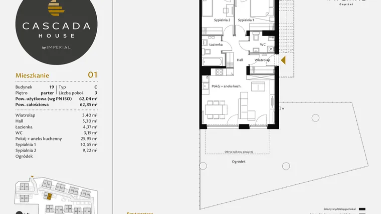 Rzut - Mieszkanie na sprzedaż 3 pokoje o powierzchni 62,24 m² - numer 19.1 w CASCADA House