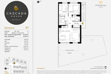 Rzut - Mieszkanie na sprzedaż 3 pokoje o powierzchni 62,24 m² - numer 19.1 w CASCADA House