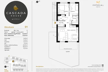 Rzut - Mieszkanie na sprzedaż 3 pokoje o powierzchni 62,24 m² - numer 20.1 w CASCADA House