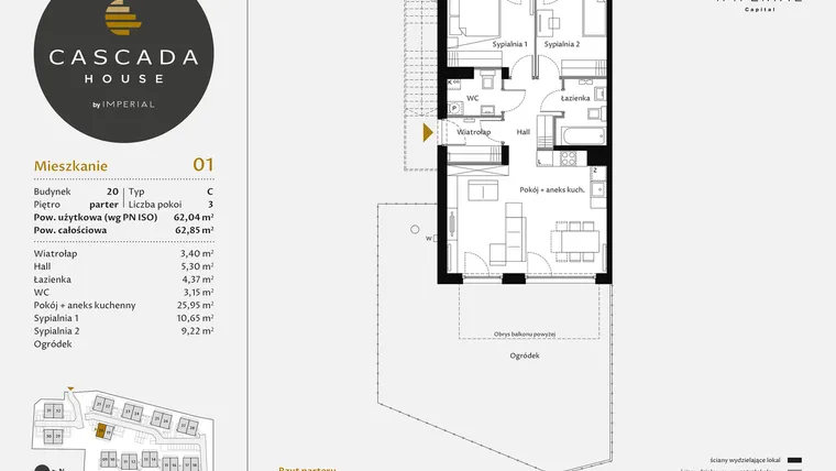 Rzut - Mieszkanie na sprzedaż 3 pokoje o powierzchni 62,24 m² - numer 20.1 w CASCADA House