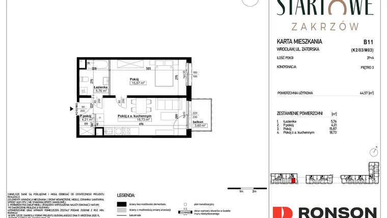 Rzut - Mieszkanie na sprzedaż 2 pokoje o powierzchni 44,57 m² - numer B11 w Osiedle Startowe