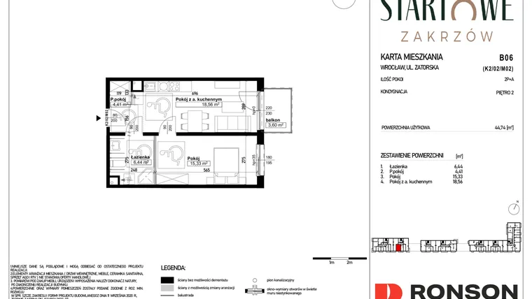 Rzut - Mieszkanie na sprzedaż 2 pokoje o powierzchni 44,74 m² - numer B06 w Osiedle Startowe