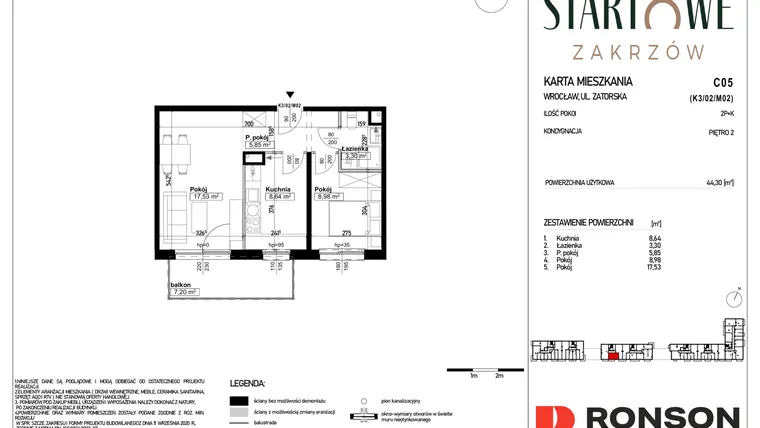 Rzut - Mieszkanie na sprzedaż 2 pokoje o powierzchni 44,3 m² - numer C05 w Osiedle Startowe