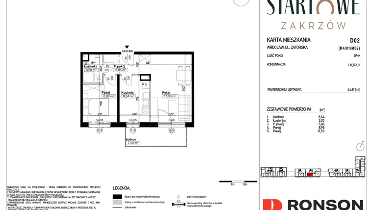 Rzut - Mieszkanie na sprzedaż 2 pokoje o powierzchni 44,31 m² - numer D02 w Osiedle Startowe