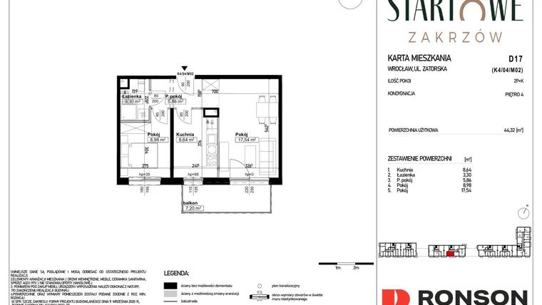 Rzut - Mieszkanie na sprzedaż 2 pokoje o powierzchni 44,32 m² - numer D17 w Osiedle Startowe