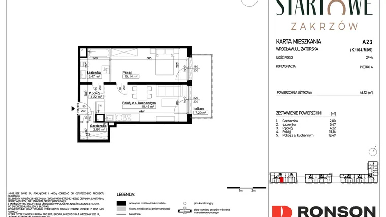 Rzut - Mieszkanie na sprzedaż 2 pokoje o powierzchni 46,12 m² - numer A23 w Osiedle Startowe