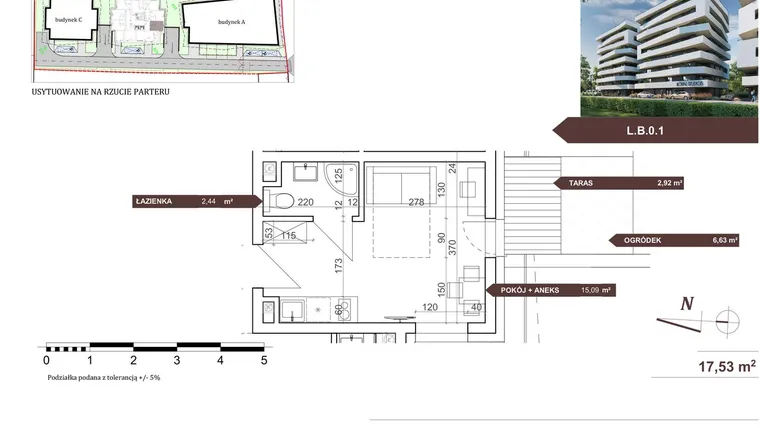 Rzut - Mieszkanie na sprzedaż 1 pokój o powierzchni 17,73 m² - numer L.B.0.1 w Royal Studios Smart Apartments etap 2