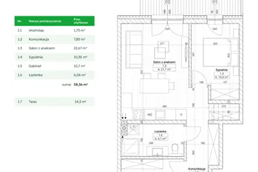 Rzut - Mieszkanie na sprzedaż 3 pokoje o powierzchni 58,36 m² - numer B3M5 w Nefrytowa Park