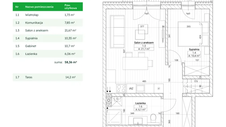 Rzut - Mieszkanie na sprzedaż 3 pokoje o powierzchni 58,36 m² - numer B3M5 w Nefrytowa Park