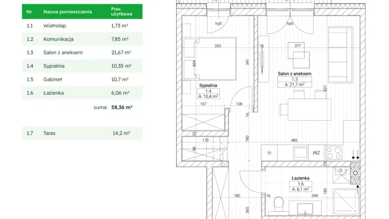Rzut - Mieszkanie na sprzedaż 3 pokoje o powierzchni 58,36 m² - numer C2M3 w Nefrytowa Park