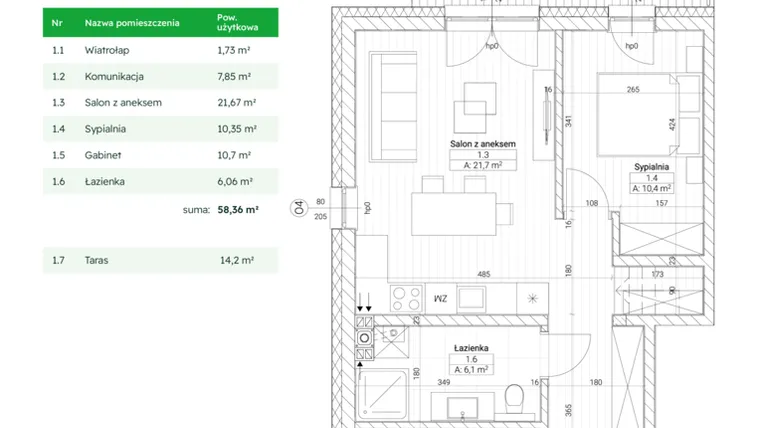 Rzut - Mieszkanie na sprzedaż 3 pokoje o powierzchni 58,36 m² - numer C1M1 w Nefrytowa Park