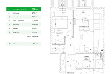 Rzut - Mieszkanie na sprzedaż 3 pokoje o powierzchni 58,36 m² - numer C4M7 w Nefrytowa Park