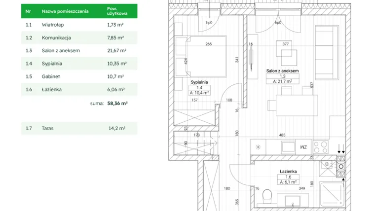 Rzut - Mieszkanie na sprzedaż 3 pokoje o powierzchni 58,36 m² - numer C4M7 w Nefrytowa Park