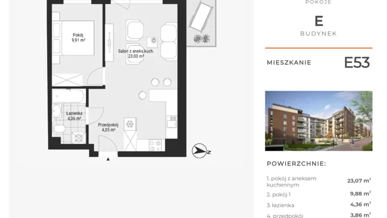 Rzut - Mieszkanie na sprzedaż 2 pokoje o powierzchni 41,17 m² - numer E53 w Na Koszutce II