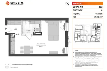 Rzut - Mieszkanie na sprzedaż 1 pokój o powierzchni 39,48 m² - numer A.203 w Esencja - Apartamenty inwestycyjne