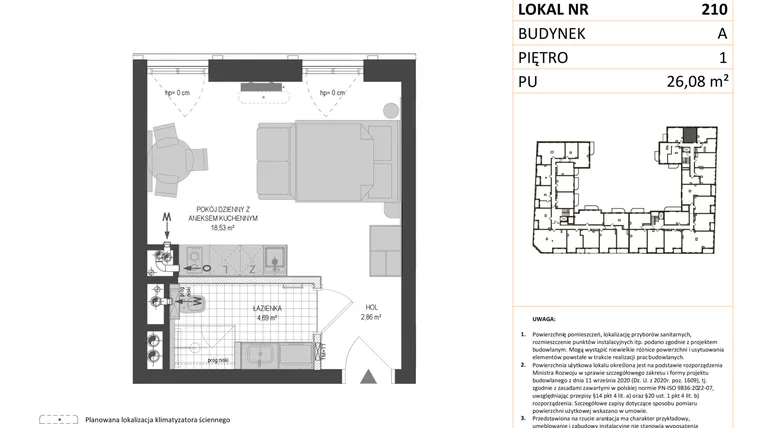 Rzut - Mieszkanie na sprzedaż 1 pokój o powierzchni 26,08 m² - numer A.210 w Esencja - Apartamenty inwestycyjne