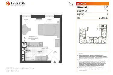 Rzut - Mieszkanie na sprzedaż 1 pokój o powierzchni 26,08 m² - numer A.210 w Esencja - Apartamenty inwestycyjne