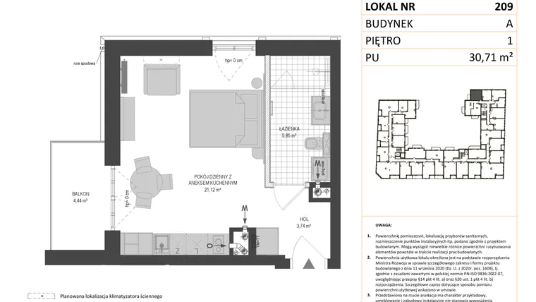 Rzut - Mieszkanie na sprzedaż 1 pokój o powierzchni 30,71 m² - numer A.209 w Esencja - Apartamenty inwestycyjne
