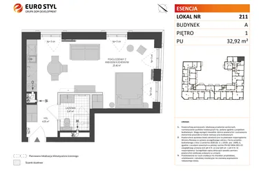 Rzut - Mieszkanie na sprzedaż 1 pokój o powierzchni 32,92 m² - numer A.211 w Esencja - Apartamenty inwestycyjne