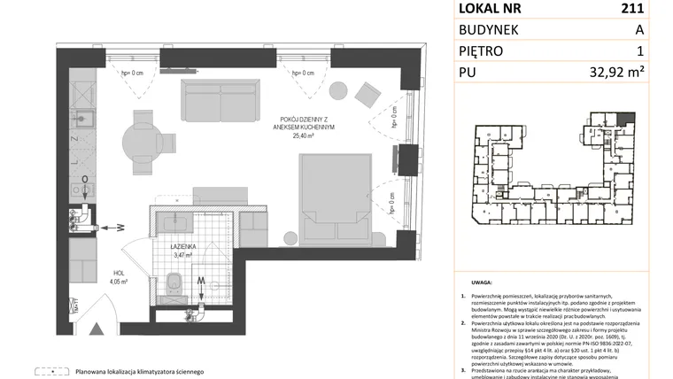 Rzut - Mieszkanie na sprzedaż 1 pokój o powierzchni 32,92 m² - numer A.211 w Esencja - Apartamenty inwestycyjne