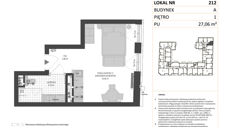 Rzut - Mieszkanie na sprzedaż 1 pokój o powierzchni 27,06 m² - numer A.212 w Esencja - Apartamenty inwestycyjne