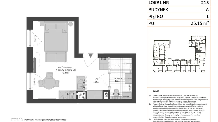 Rzut - Mieszkanie na sprzedaż 1 pokój o powierzchni 25,15 m² - numer A.215 w Esencja - Apartamenty inwestycyjne