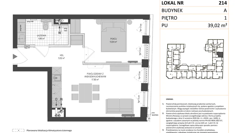 Rzut - Mieszkanie na sprzedaż 1 pokój o powierzchni 39,02 m² - numer A.214 w Esencja - Apartamenty inwestycyjne
