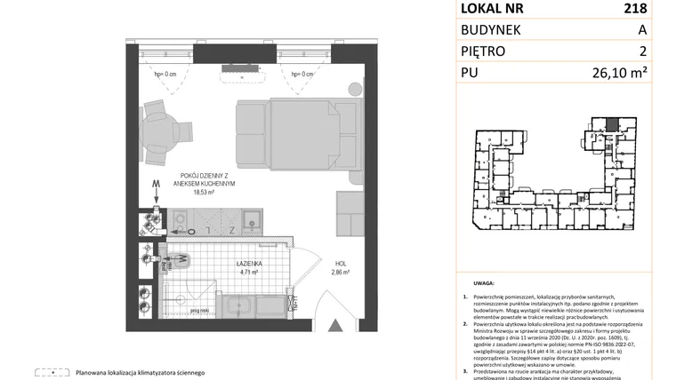 Rzut - Mieszkanie na sprzedaż 1 pokój o powierzchni 26,1 m² - numer A.218 w Esencja - Apartamenty inwestycyjne