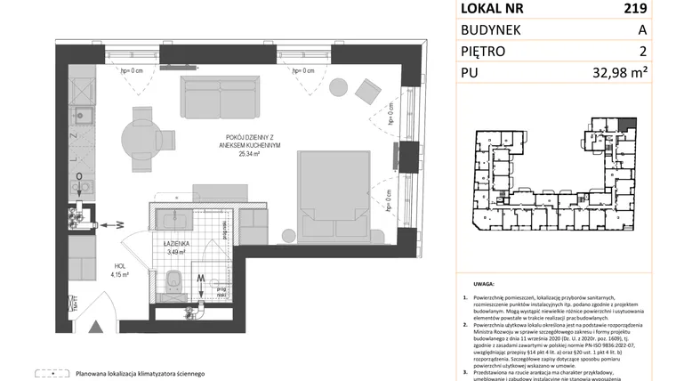 Rzut - Mieszkanie na sprzedaż 1 pokój o powierzchni 32,98 m² - numer A.219 w Esencja - Apartamenty inwestycyjne