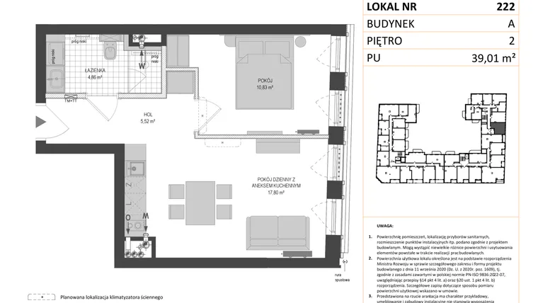 Rzut - Mieszkanie na sprzedaż 1 pokój o powierzchni 39,01 m² - numer A.222 w Esencja - Apartamenty inwestycyjne