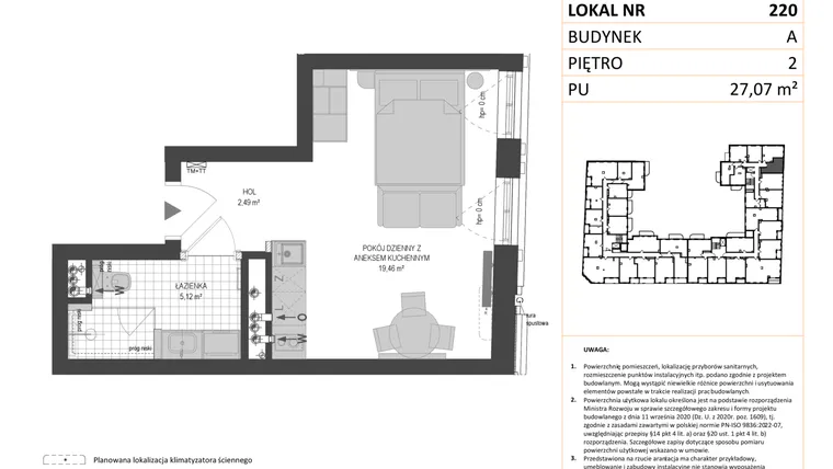 Rzut - Mieszkanie na sprzedaż 1 pokój o powierzchni 27,07 m² - numer A.220 w Esencja - Apartamenty inwestycyjne