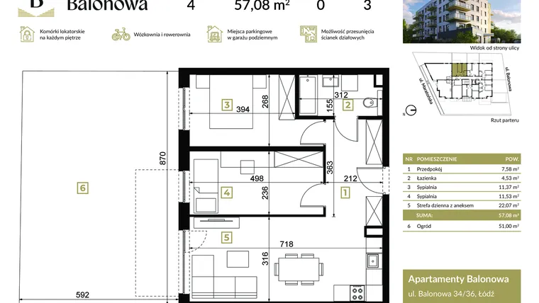 Rzut - Mieszkanie na sprzedaż 3 pokoje o powierzchni 57,08 m² - numer 4 w Apartamenty Balonowa