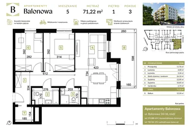 Rzut - Mieszkanie na sprzedaż 3 pokoje o powierzchni 71,14 m² - numer 5 w Apartamenty Balonowa