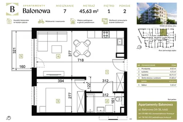 Rzut - Mieszkanie na sprzedaż 2 pokoje o powierzchni 45,63 m² - numer 7 w Apartamenty Balonowa
