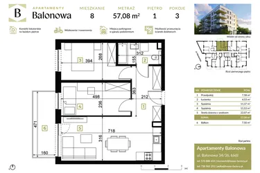 Rzut - Mieszkanie na sprzedaż 3 pokoje o powierzchni 57,08 m² - numer 8 w Apartamenty Balonowa