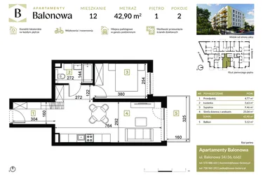 Rzut - Mieszkanie na sprzedaż 2 pokoje o powierzchni 42,9 m² - numer 12 w Apartamenty Balonowa
