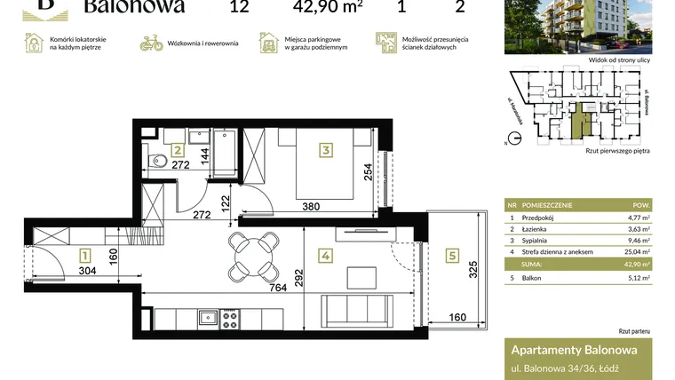 Rzut - Mieszkanie na sprzedaż 2 pokoje o powierzchni 42,9 m² - numer 12 w Apartamenty Balonowa