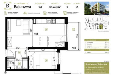 Rzut - Mieszkanie na sprzedaż 2 pokoje o powierzchni 45,63 m² - numer 13 w Apartamenty Balonowa