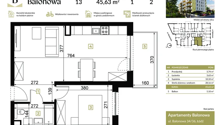 Rzut - Mieszkanie na sprzedaż 2 pokoje o powierzchni 45,63 m² - numer 13 w Apartamenty Balonowa