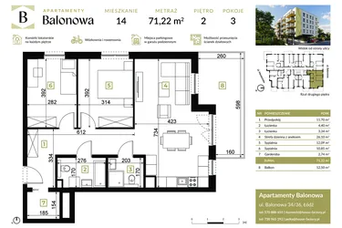 Rzut - Mieszkanie na sprzedaż 3 pokoje o powierzchni 71,14 m² - numer 14 w Apartamenty Balonowa